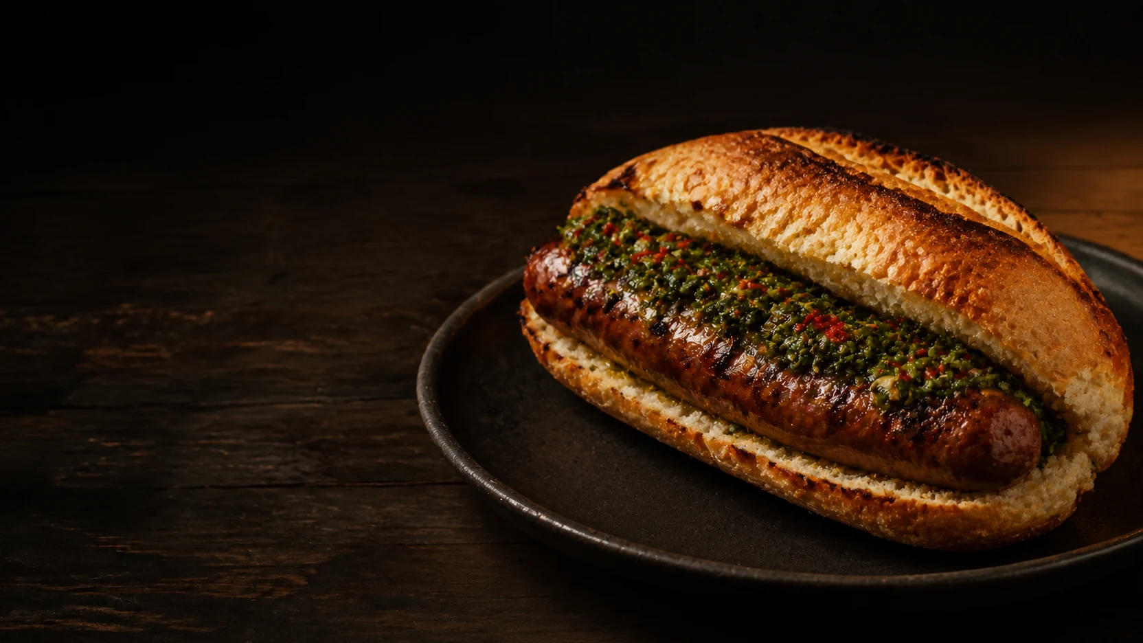 Choripan com linguiça grelhada e chimichurri em pão rústico